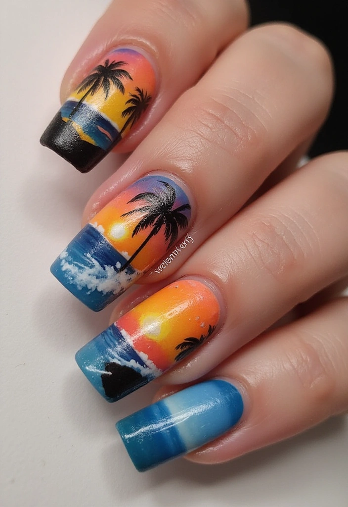 25 Stunning Summer Nails That'll Make Your Vacation Photos Pop! - 12. Sunset Beach Scenery