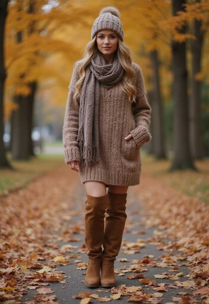 25 GNX Tour Outfits for Every Season That Will Always Impress (Check Out #14!) - 3. Autumn Layers: Sweater Dress & Knee-High Boots