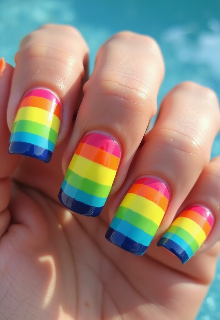 25 Stunning Summer Nails That'll Make Your Vacation Photos Pop! - 2. Neon Rainbow Stripes