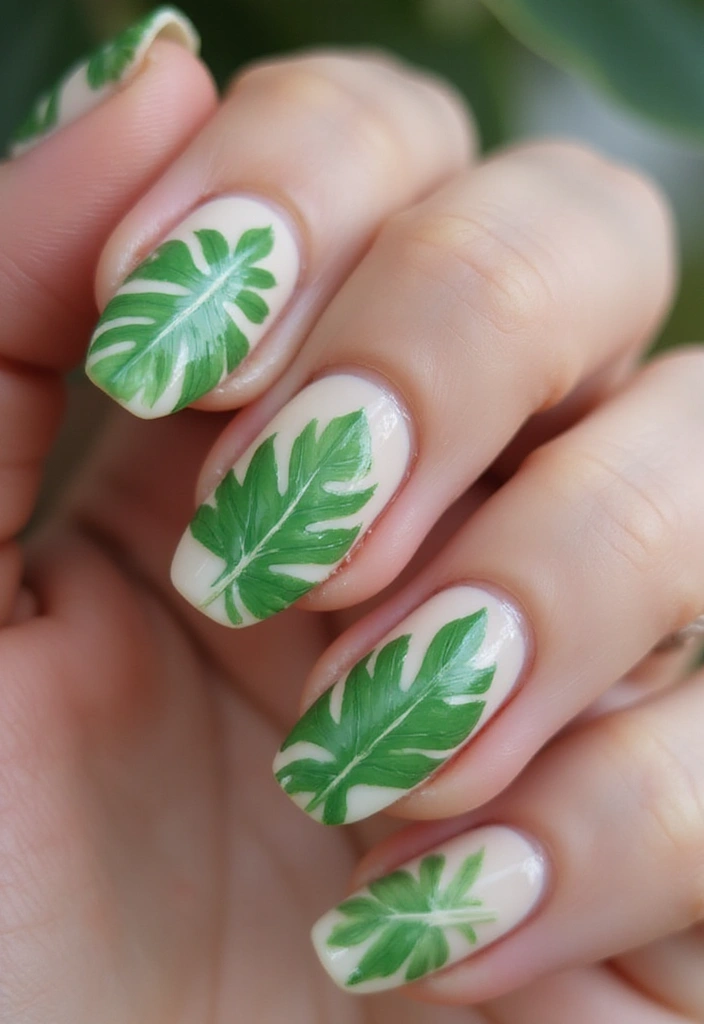 25 Stunning Summer Nails That'll Make Your Vacation Photos Pop! - 4. Tropical Leaves Design