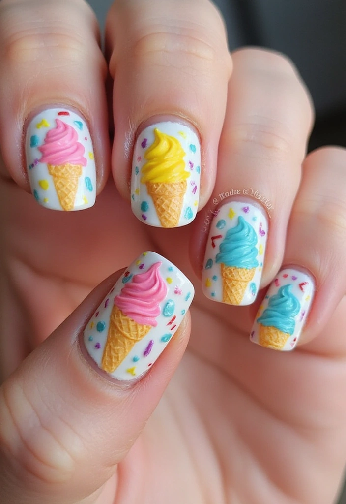 25 Stunning Summer Nails That'll Make Your Vacation Photos Pop! - 16. Bright Ice Cream Cones