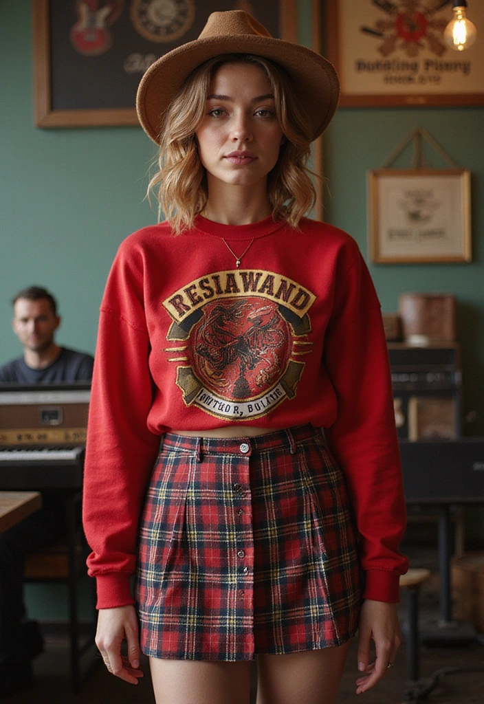 25 GNX Tour Outfits for Every Season That Will Always Impress (Check Out #14!) - 25. Retro Twist: Plaid Skirt & Graphic Sweatshirt