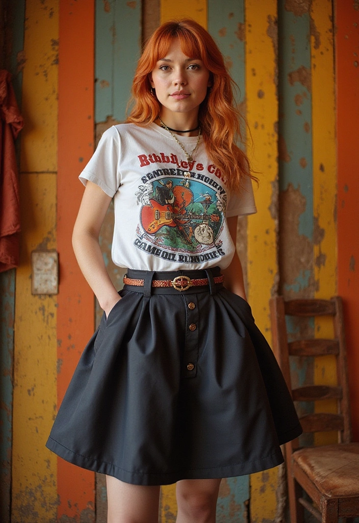 25 GNX Tour Outfits for Every Season That Will Always Impress (Check Out #14!) - 9. Retro Revival: Vintage Band Tee & A-Line Skirt